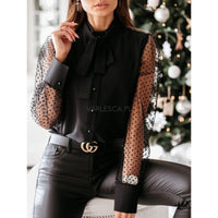 Damen Bluse mit transparenten Puffärmeln und filigranem Schleifen-Detail – Schwarz