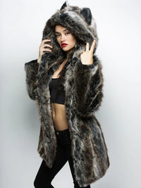 Damen Hooded Faux-Fur-Mantel mit Ohrenschützer – Schwarz