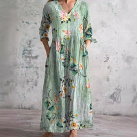 Ais™| Sommerkleid aus Leinen & Baumwolle mit Blumenmuster – Hellgrün