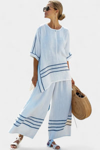 Adrielle | Elegantes gestreiftes asymmetrisches Oberteil & auffällige Hose – Blau