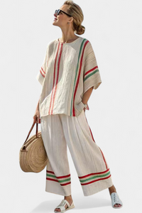 Mila | Bequeme Boho-Print-Bluse & Lockere Hose – Mehrfarbige Streifen