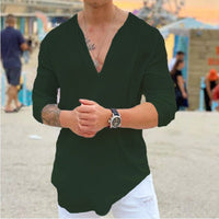 Herren lässiges V-Ausschnitt Langarmshirt – Olivgrün