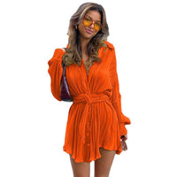 Heidi Mode | Langärmeliges Kleid mit Schnürsenkeln und elastischer Taille – Orange