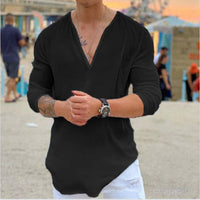 Herren lässiges V-Ausschnitt Langarmshirt – Schwarz