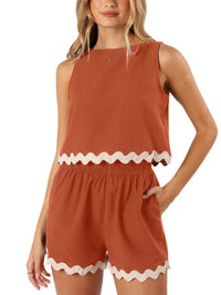 Heidi Mode | Zweiteiliges Oberteil und Shorts aus Leinen und Spitze – Orange