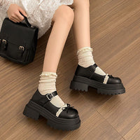 Damen Modische Mary Jane Schuhe mit dekorativer Schleife und robuster Plateau-Sohle – Matt Schwarz