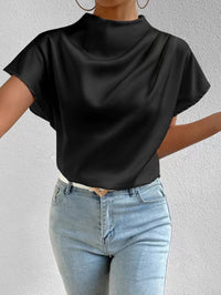 Damen satinierte Bluse mit elegantem Stehkragen – Schwarz