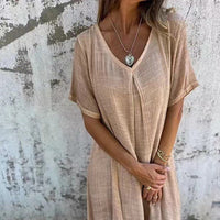 Tunika-Kleid für Damen - Lockeres Sommerkleid mit V-Ausschnitt – Beige
