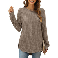 Damen Bequemer Ripp-Pullover mit seitlichen Schlitzen und Rundhals – Kaffee
