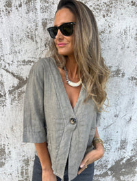Damen Leichtes Leinenblazer mit kurzer Arm – Hellgrau