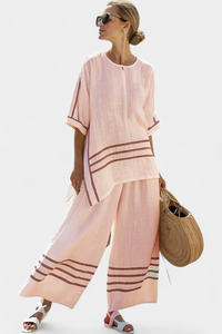 Adrielle | Elegantes gestreiftes asymmetrisches Oberteil & auffällige Hose – Rosa