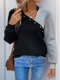 DEKORATIVER KNOPF KONTRAST LANGARMPULLOVER | ELEGANTER STIL, KOMFORTABELER TRAGEKOMFORT – Schwarz