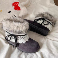 Damen Winter Stiefel mit flauschigem Kragen und elegantem Spitzenbesatz – Schwarzgrau