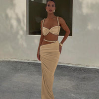 Heidi Mode | Rückenfreies kleines Hosenträgerweste Hüftrock-Set – Khaki