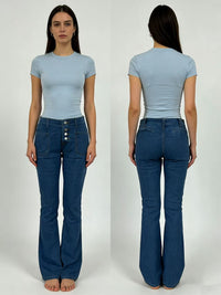 Damen Bootcut Jeans mit hohem Bund und Knopfleiste – Himmelblau