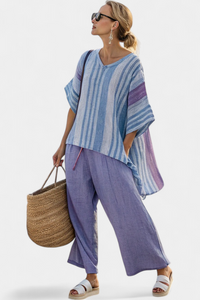 Sophia | Elegantes Lavendel- und Himmelblaues Top & Leinenhose – Bunt gestreift