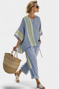 Isla | Elegantes Lavendel-Top & Senfgelb gestreifte Hose – Blau