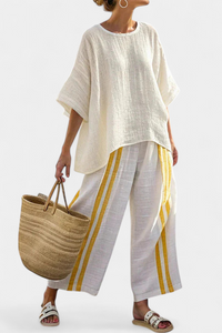Freya | Elegantes gelb gestreiftes Leinenoberteil & weite Hose – Gelbe Streifen