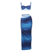 Heidi Mode | Rückenfreies kleines Hosenträgerweste Hüftrock-Set – Blauer Druck