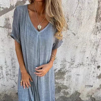 Tunika-Kleid für Damen - Lockeres Sommerkleid mit V-Ausschnitt – Grau