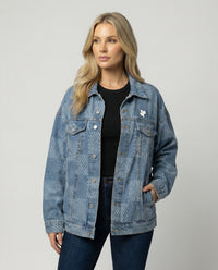 Damen Jeansjacke im Schachbrettmuster mit weit geschnittener Passform und urbaner Optik – Blau