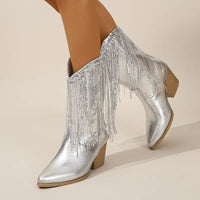 Damen Mittelkalb Cowboystiefel | Spitze Zehe – Silber
