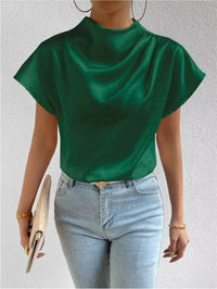 Damen satinierte Bluse mit elegantem Stehkragen – Grün