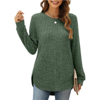 Damen Bequemer Ripp-Pullover mit seitlichen Schlitzen und Rundhals – Grün