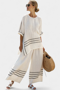 Adrielle | Elegantes gestreiftes asymmetrisches Oberteil & auffällige Hose – Weiß
