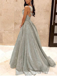 Heidi-Mode | Damen Spaghettiträger V-Ausschnitt A-Linie Glitzer Maxikleid – Silber