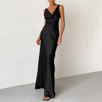 Damen Schwarz Ärmellos Wickel Maxi Abendkleid – Schwarz