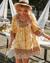 Damen 3/4 Ärmel A-Linie Lässig Sommer Ibiza Kleid | Mini – Gelb