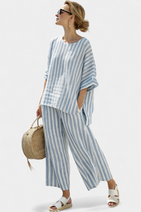 Talia | Elegantes blau gestreiftes Leinenoberteil & entspannte Hose – Blau gestreift