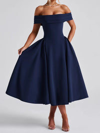 Cleane | Kleid mit entblößten Schultern Ausgestellt Midi – Marine