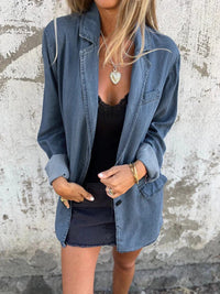 | Reversanzugkragen Denim Mid Length Jacke – Hellblau