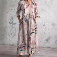 Ais™| Sommerkleid aus Leinen & Baumwolle mit Blumenmuster – Rosa