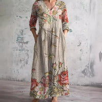 Ais™| Sommerkleid aus Leinen & Baumwolle mit Blumenmuster – Beige
