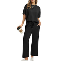 Damen Bequemes Freizeitanzug-Set mit lockerem Schnitt und stilvollen Taschen – Schwarz