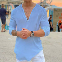 Herren lässiges V-Ausschnitt Langarmshirt – Himmelblau