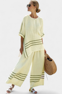 Adrielle | Elegantes gestreiftes asymmetrisches Oberteil & auffällige Hose – Gelb