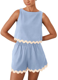 Heidi Mode | Zweiteiliges Oberteil und Shorts aus Leinen und Spitze – Himmelblau