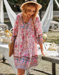 Damen 3/4 Ärmel A-Linie Lässig Sommer Ibiza Kleid | Mini – Rosa