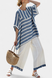 Alexa | Elegantes blau gestreiftes Oberteil & Hosen mit Saumdetails – Blau gestreift