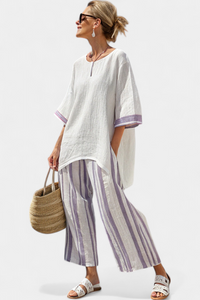 Celina | Bequeme, lässige Bluse & Gestreifte Bambushose – Lila Streifen