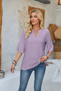 Damen modisches Oberteil mit durchbrochenem Design und Volantärmeln – Violett