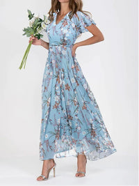 Maxikleid für Damen - Elegantes langes Sommerkleid mit Blumenmuster – Blau