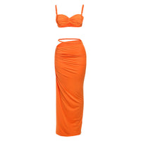 Heidi Mode | Rückenfreies kleines Hosenträgerweste Hüftrock-Set – Orange