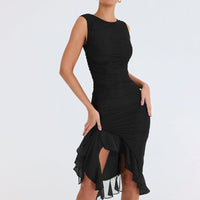 Damen figurbetontes Cocktailkleid mit raffinierten Rüschendetails und asymmetrischem Saum – Schwarz