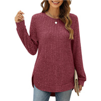 Damen Bequemer Ripp-Pullover mit seitlichen Schlitzen und Rundhals – Burgunderrot