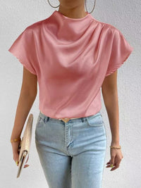 Damen satinierte Bluse mit elegantem Stehkragen – Rosarot